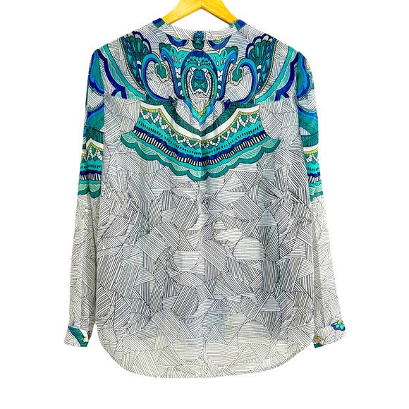 Chico’s Black Label Multicolor Geometric Print Semi Sheer Blouse Size 1 Small - Picture 2 of 11